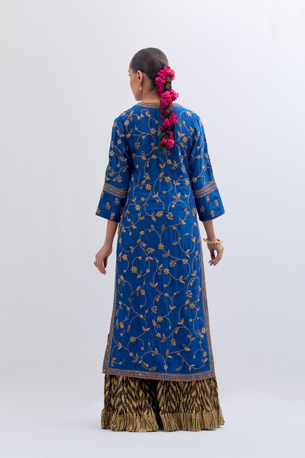 Chelsea Blue Silk chanderi straight kurta set with all-over dull gold dori jaal embroidery, highlighted with gold sequins and bead work.