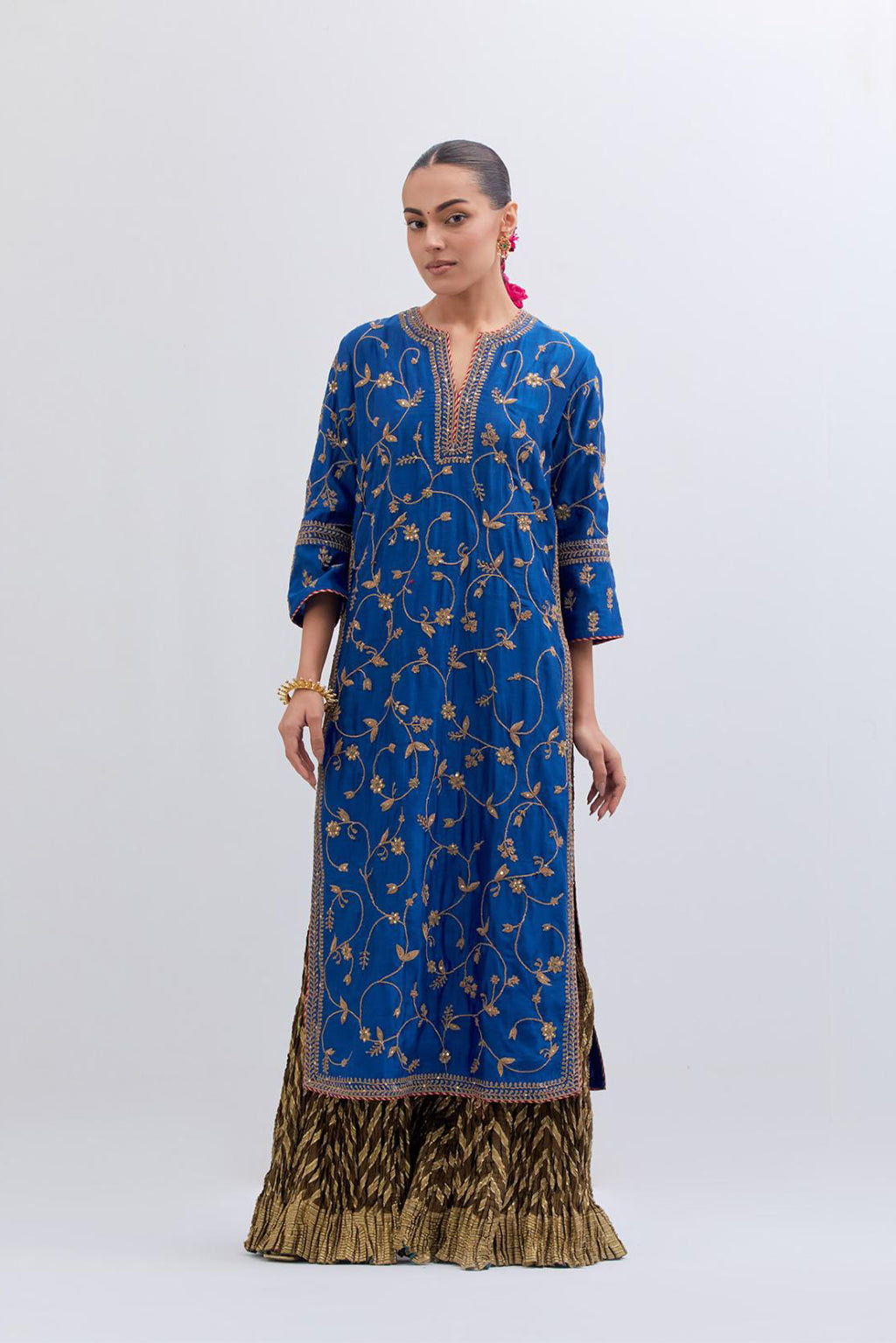 Chelsea Blue Silk chanderi straight kurta set with all-over dull gold dori jaal embroidery, highlighted with gold sequins and bead work.