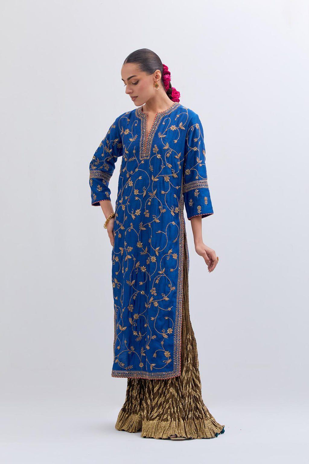 Chelsea Blue Silk chanderi straight kurta set with all-over dull gold dori jaal embroidery, highlighted with gold sequins and bead work.