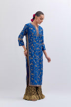 Chelsea Blue Silk chanderi straight kurta set with all-over dull gold dori jaal embroidery, highlighted with gold sequins and bead work.
