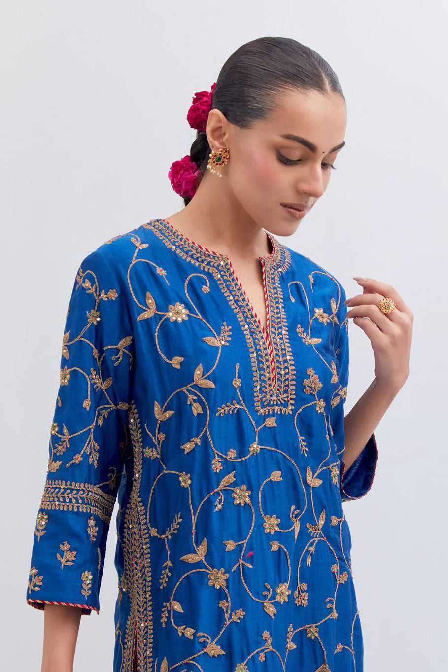 Chelsea Blue Silk chanderi straight kurta set with all-over dull gold dori jaal embroidery, highlighted with gold sequins and bead work.