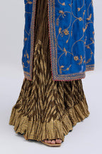 Chelsea Blue Silk chanderi straight kurta set with all-over dull gold dori jaal embroidery, highlighted with gold sequins and bead work.