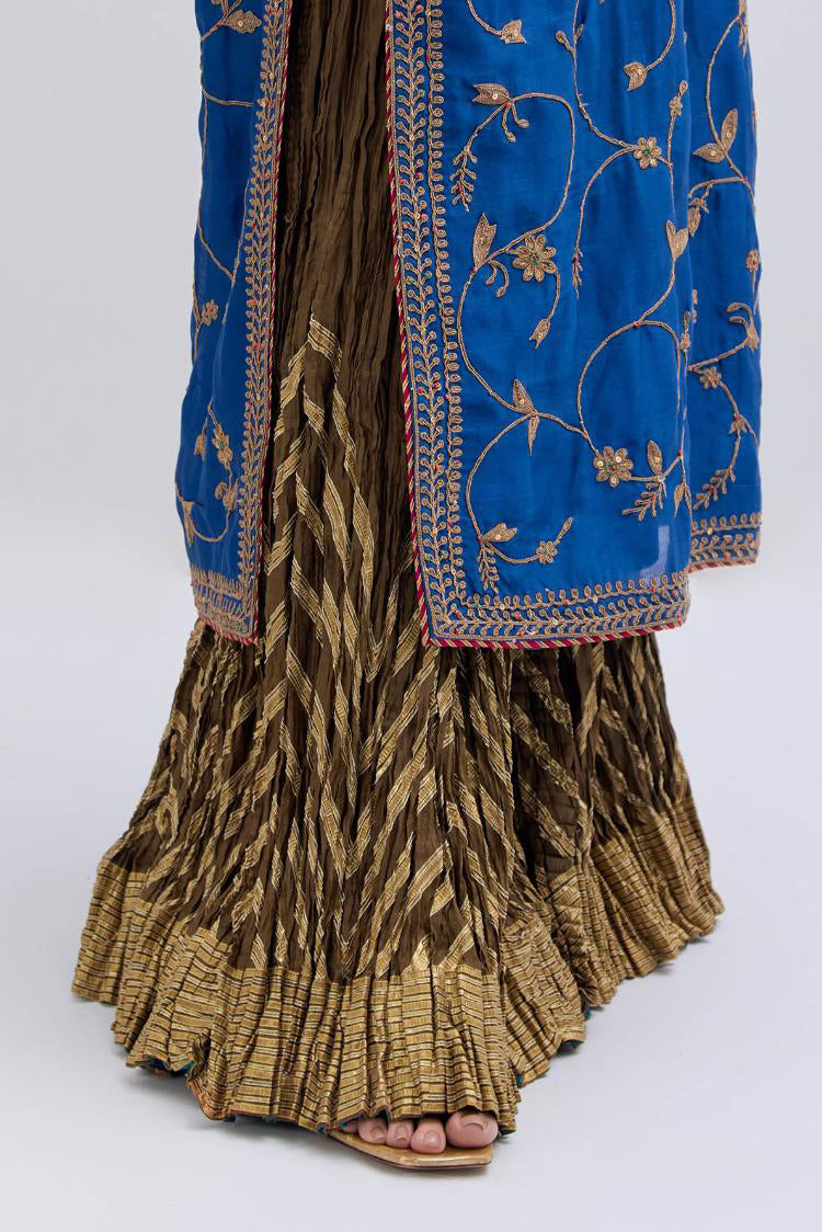 Chelsea Blue Silk chanderi straight kurta set with all-over dull gold dori jaal embroidery, highlighted with gold sequins and bead work.