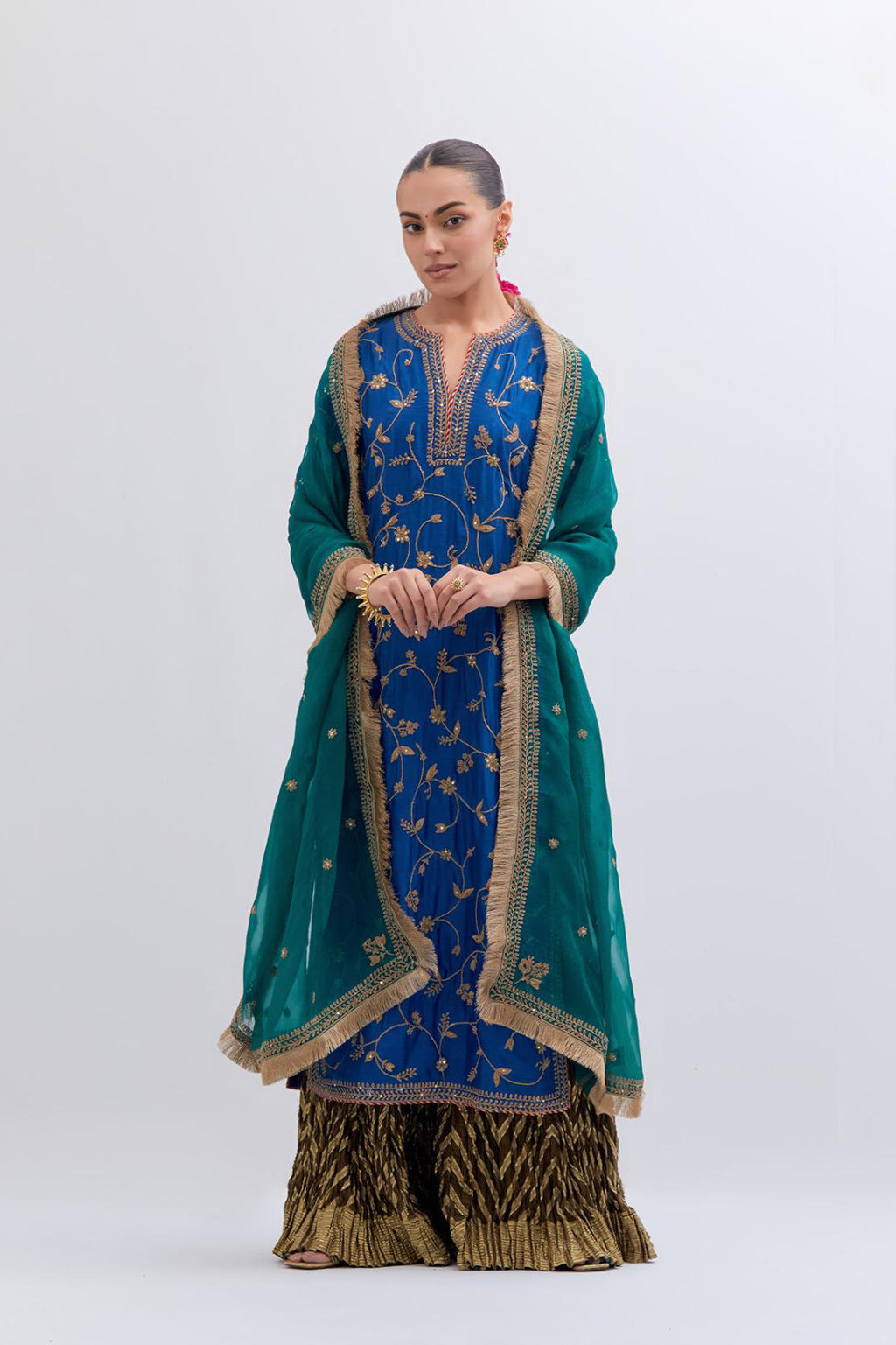 Chelsea Blue Silk chanderi straight kurta set with all-over dull gold dori jaal embroidery, highlighted with gold sequins and bead work.
