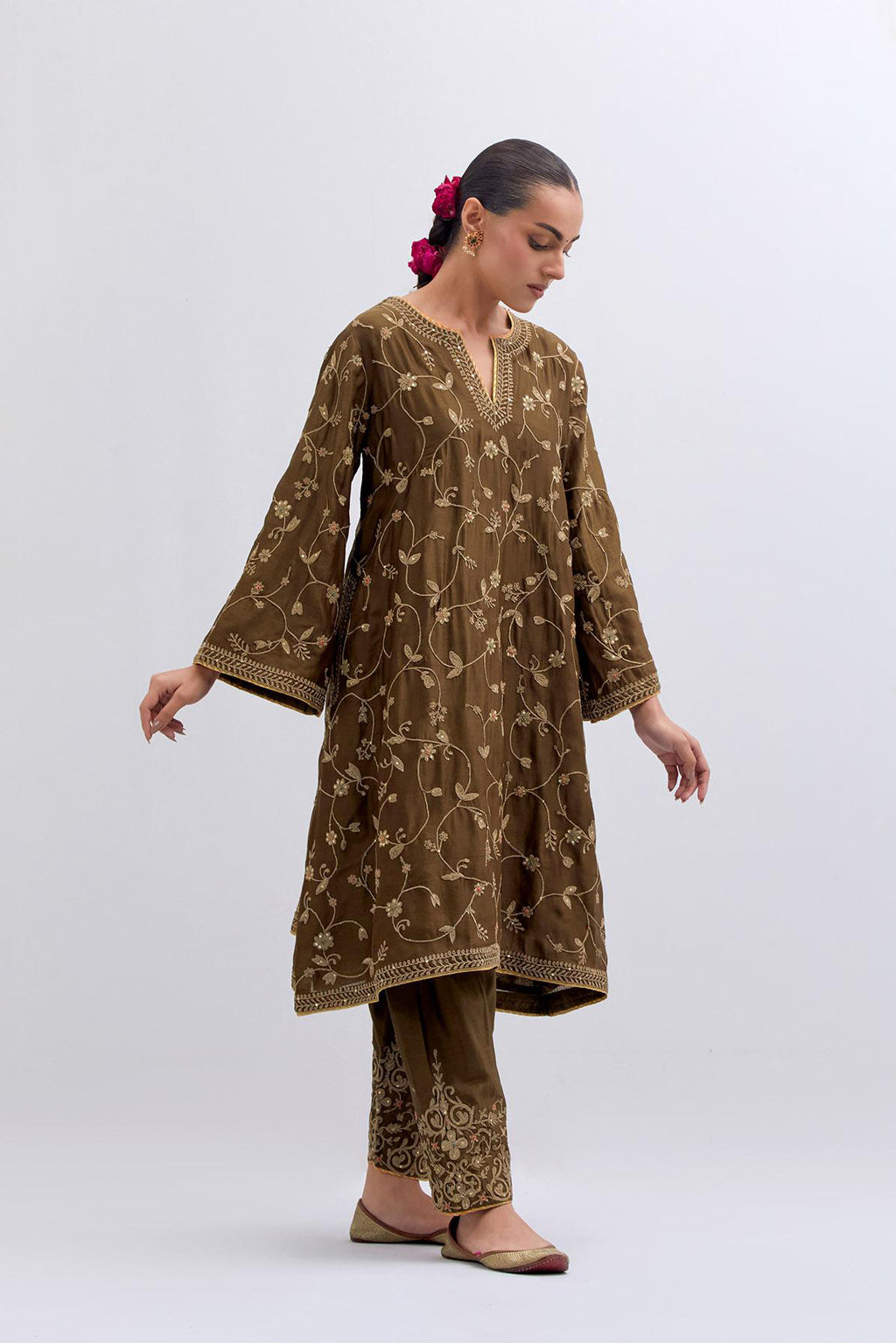 Olive Silk Chanderi A-line short kurta set with all-over dull gold dori embroidery, highlighted with multi colored bead and gold sequins work.