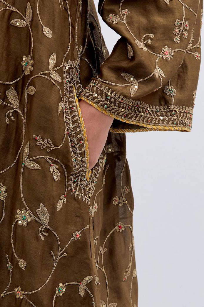 Olive Silk Chanderi A-line short kurta set with all-over dull gold dori embroidery, highlighted with multi colored bead and gold sequins work.