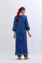 Chelsea Blue Silk chanderi straight kurta set with all-over dull gold dori jaal embroidery, highlighted with gold sequins and bead work.