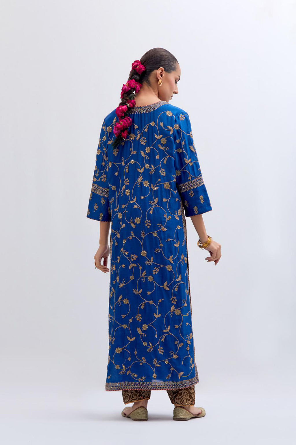 Chelsea Blue Silk chanderi straight kurta set with all-over dull gold dori jaal embroidery, highlighted with gold sequins and bead work.