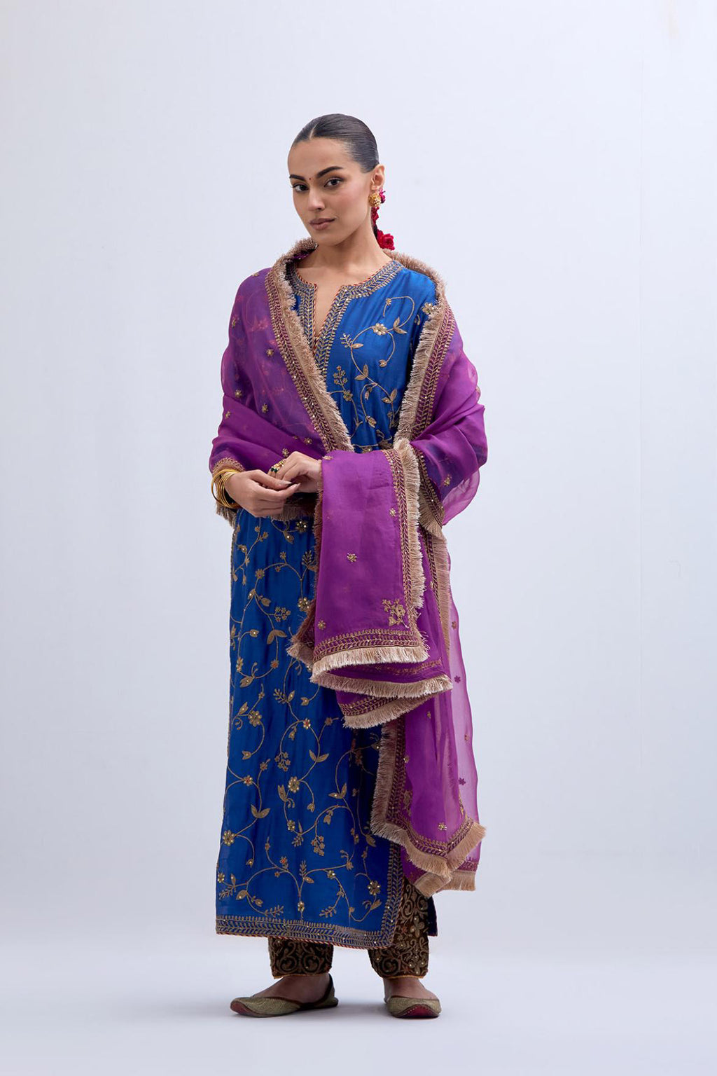 Chelsea Blue Silk chanderi straight kurta set with all-over dull gold dori jaal embroidery, highlighted with gold sequins and bead work.