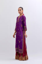 Purple Silk Chanderi straight kurta set with dull gold dori embroidery at front & back neck, sleeves, side slits and hem, highlighted with gold sequins and bead work.
