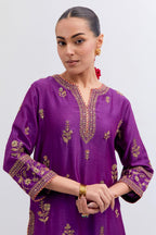 Purple Silk Chanderi straight kurta set with dull gold dori embroidery at front & back neck, sleeves, side slits and hem, highlighted with gold sequins and bead work.