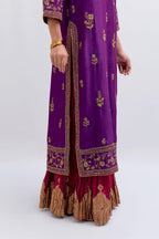 Purple Silk Chanderi straight kurta set with dull gold dori embroidery at front & back neck, sleeves, side slits and hem, highlighted with gold sequins and bead work.