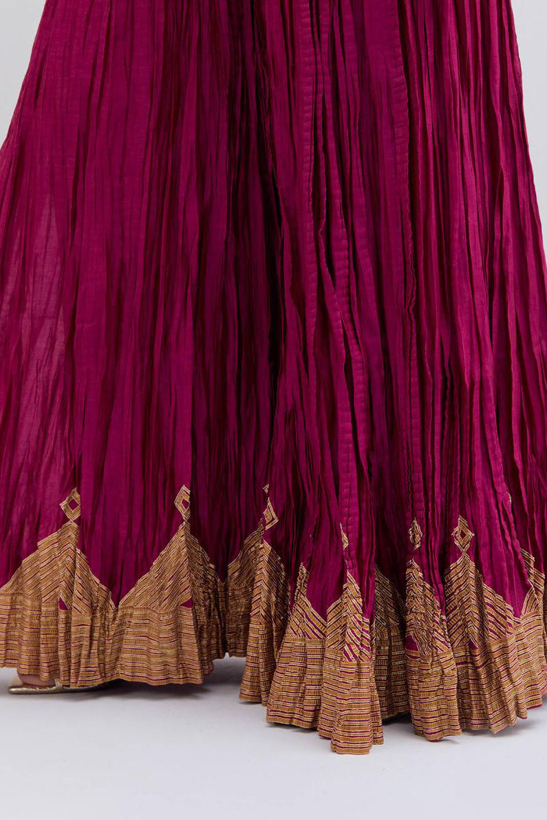 Deep Fuchsia Silk Chanderi crushed sharara, highlighted with dull gold gota border.