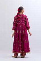 Deep Fuchsia Silk Chanderi long kurta dress set with all-over dull gold dori embroidery, highlighted with gold sequins and bead work.