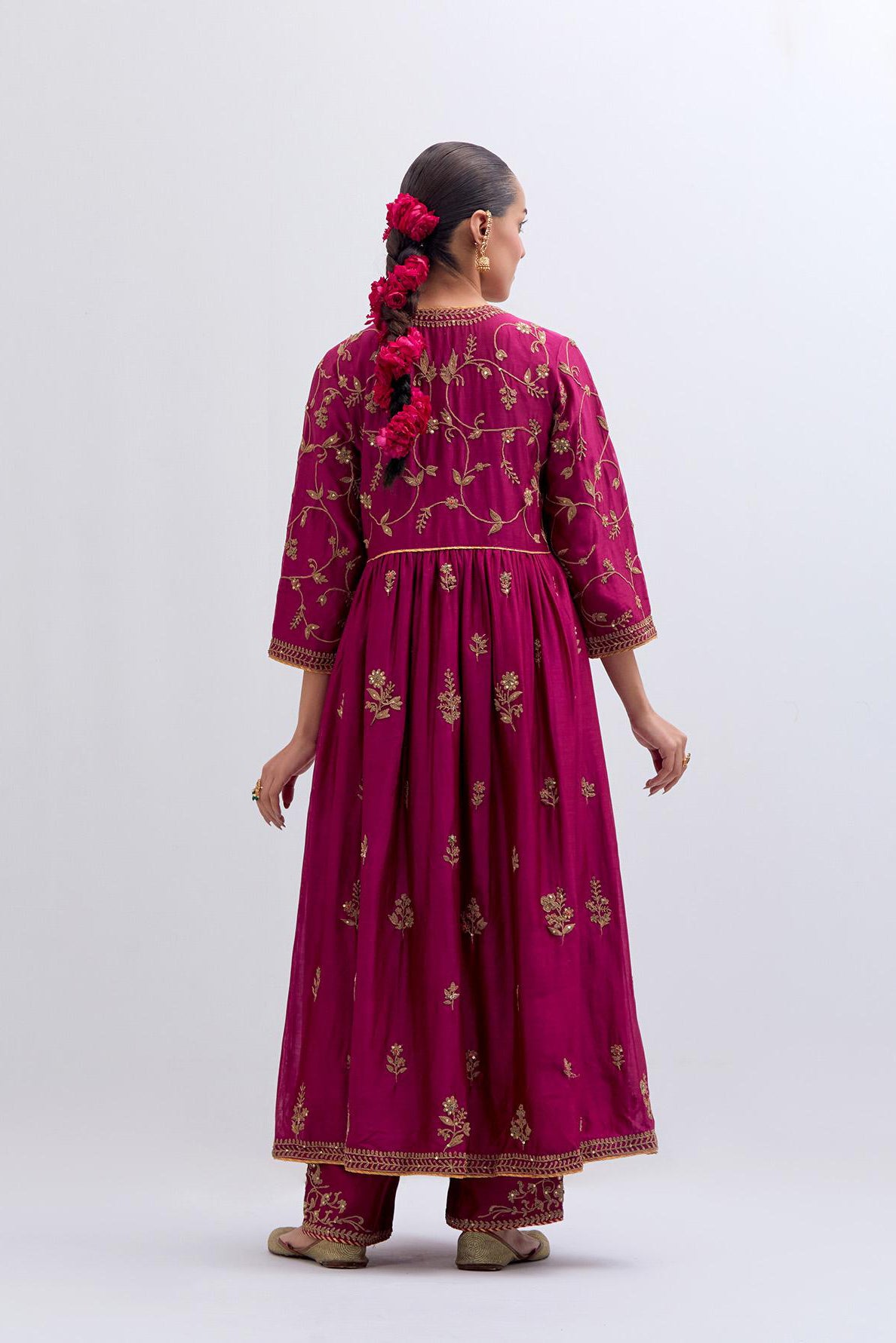 Deep Fuchsia Silk Chanderi long kurta dress set with all-over dull gold dori embroidery, highlighted with gold sequins and bead work.