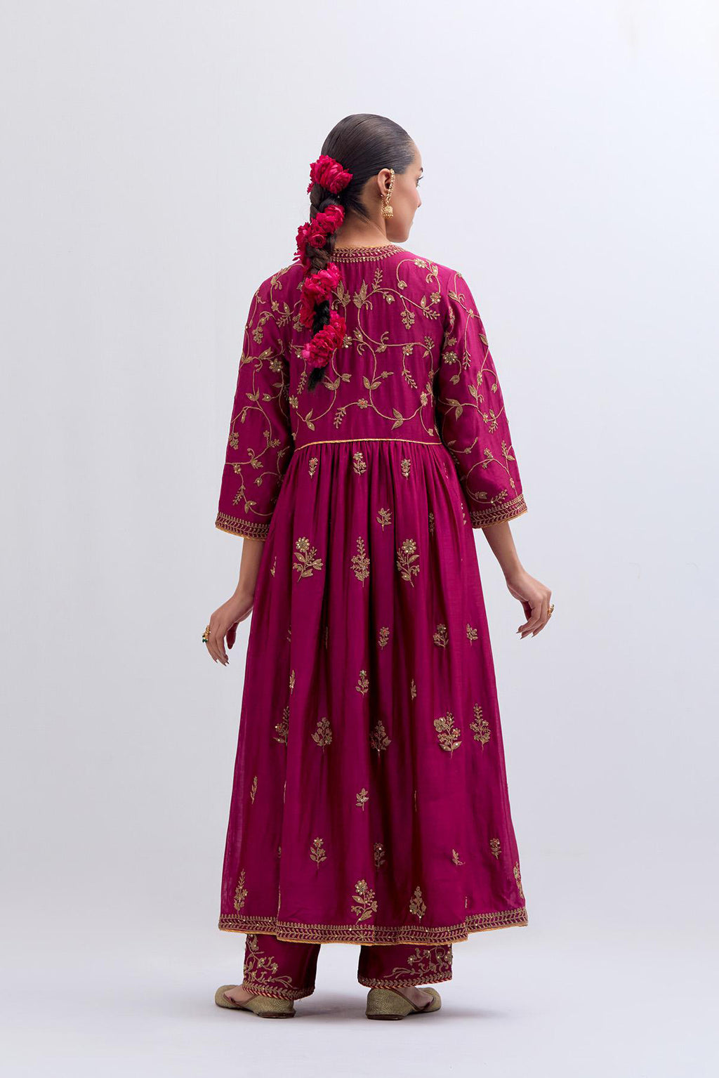 Deep Fuchsia Silk Chanderi long kurta dress set with all-over dull gold dori embroidery, highlighted with gold sequins and bead work.