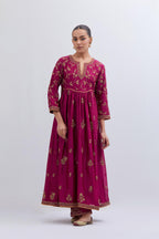 Deep Fuchsia Silk Chanderi long kurta dress set with all-over dull gold dori embroidery, highlighted with gold sequins and bead work.