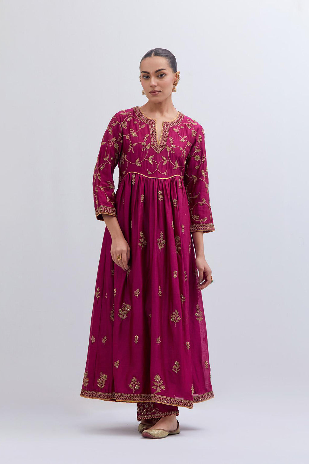 Deep Fuchsia Silk Chanderi long kurta dress set with all-over dull gold dori embroidery, highlighted with gold sequins and bead work.