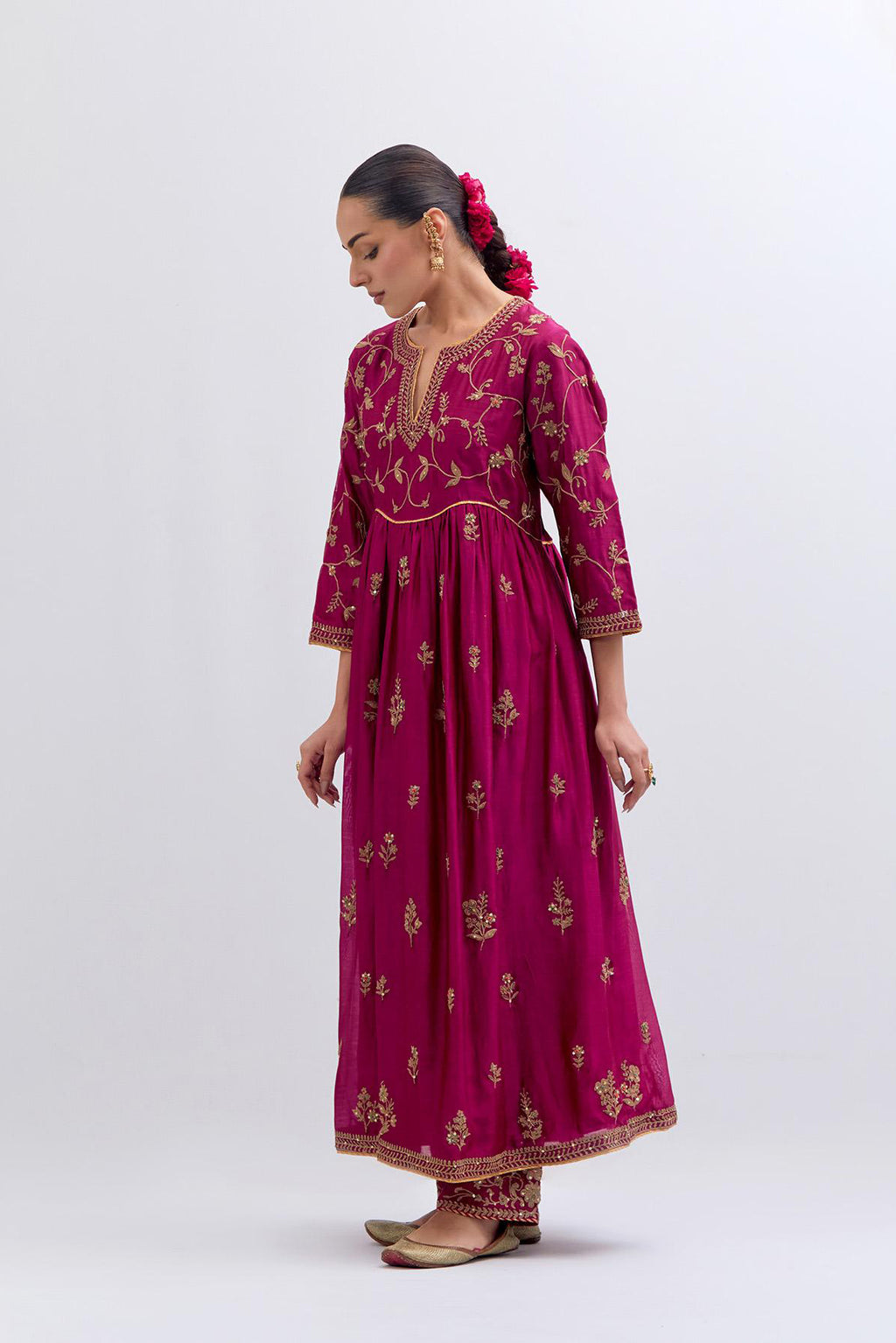 Deep Fuchsia Silk Chanderi long kurta dress set with all-over dull gold dori embroidery, highlighted with gold sequins and bead work.
