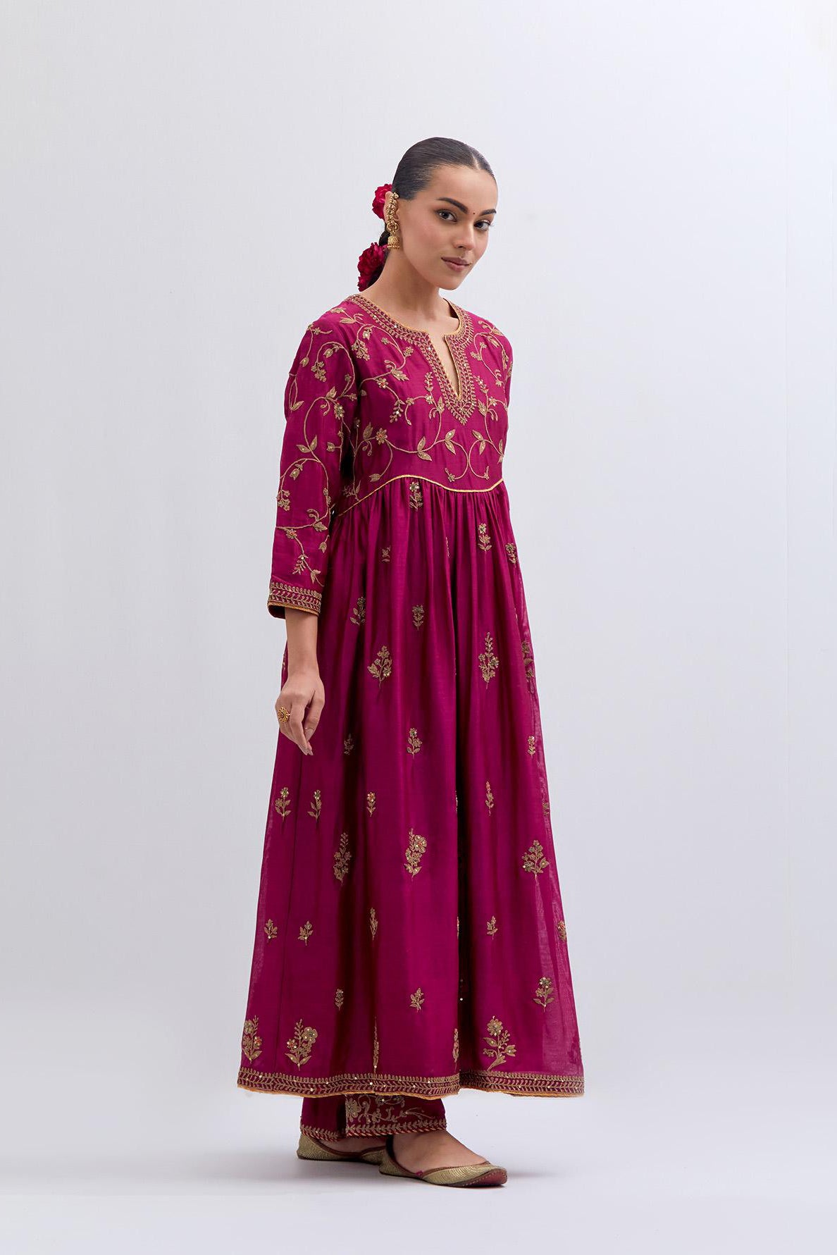 Deep Fuchsia Silk Chanderi long kurta dress set with all-over dull gold dori embroidery, highlighted with gold sequins and bead work.