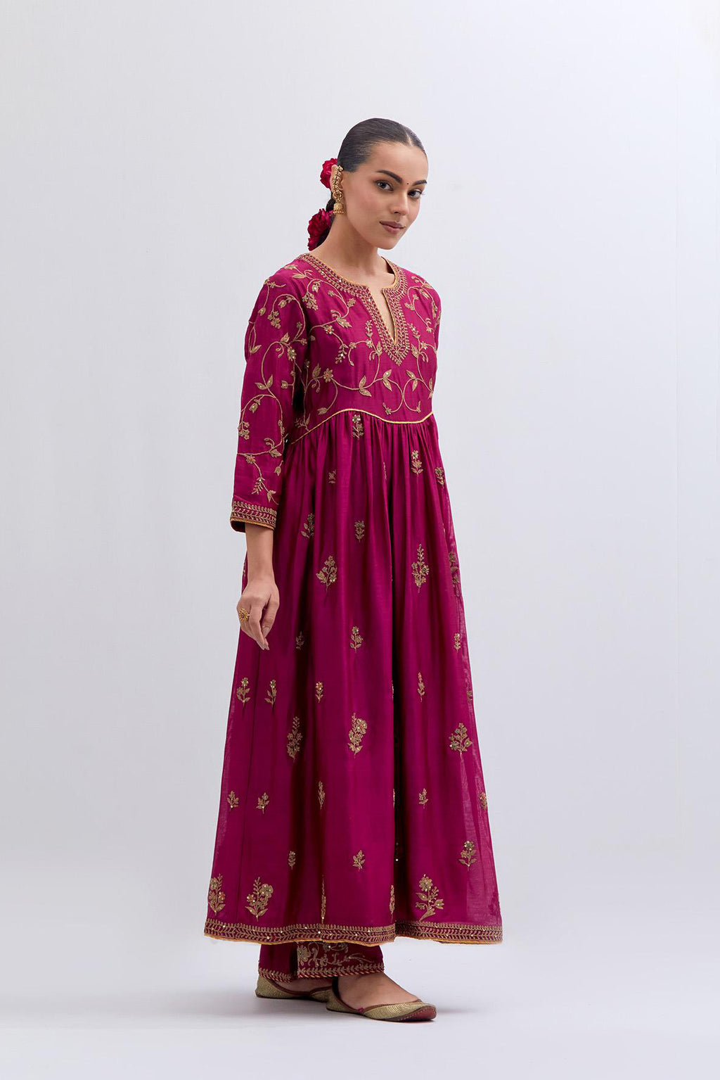 Deep Fuchsia Silk Chanderi long kurta dress set with all-over dull gold dori embroidery, highlighted with gold sequins and bead work.