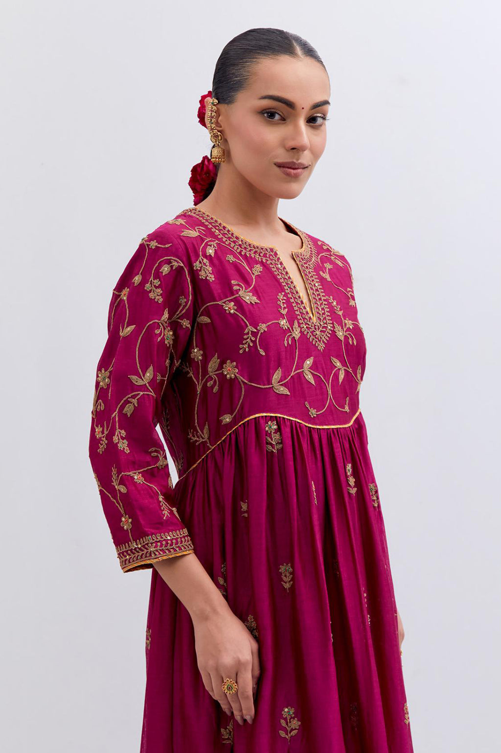 Deep Fuchsia Silk Chanderi long kurta dress set with all-over dull gold dori embroidery, highlighted with gold sequins and bead work.