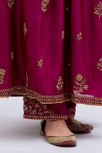 Deep Fuchsia Silk Chanderi long kurta dress set with all-over dull gold dori embroidery, highlighted with gold sequins and bead work.