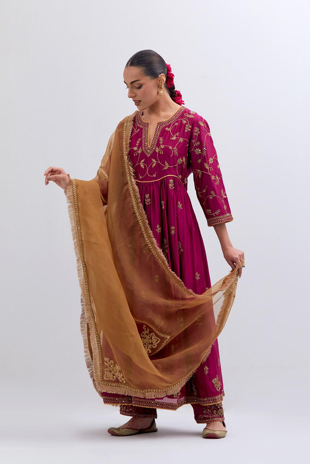 Deep Fuchsia Silk Chanderi long kurta dress set with all-over dull gold dori embroidery, highlighted with gold sequins and bead work.