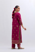 Fuchsia Silk Chanderi straight kurta set with dull gold dori embroidery at front & back neck, sleeves, side slits and hem, highlighted with gold sequins and bead work.
