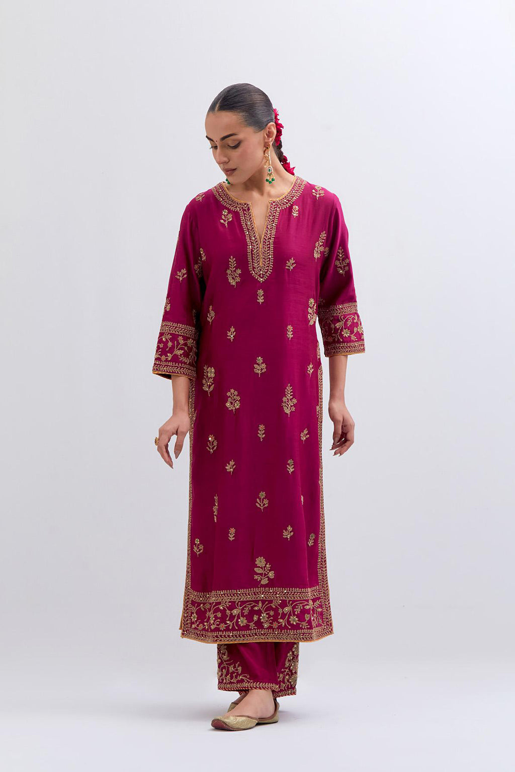 Fuchsia Silk Chanderi straight kurta set with dull gold dori embroidery at front & back neck, sleeves, side slits and hem, highlighted with gold sequins and bead work.