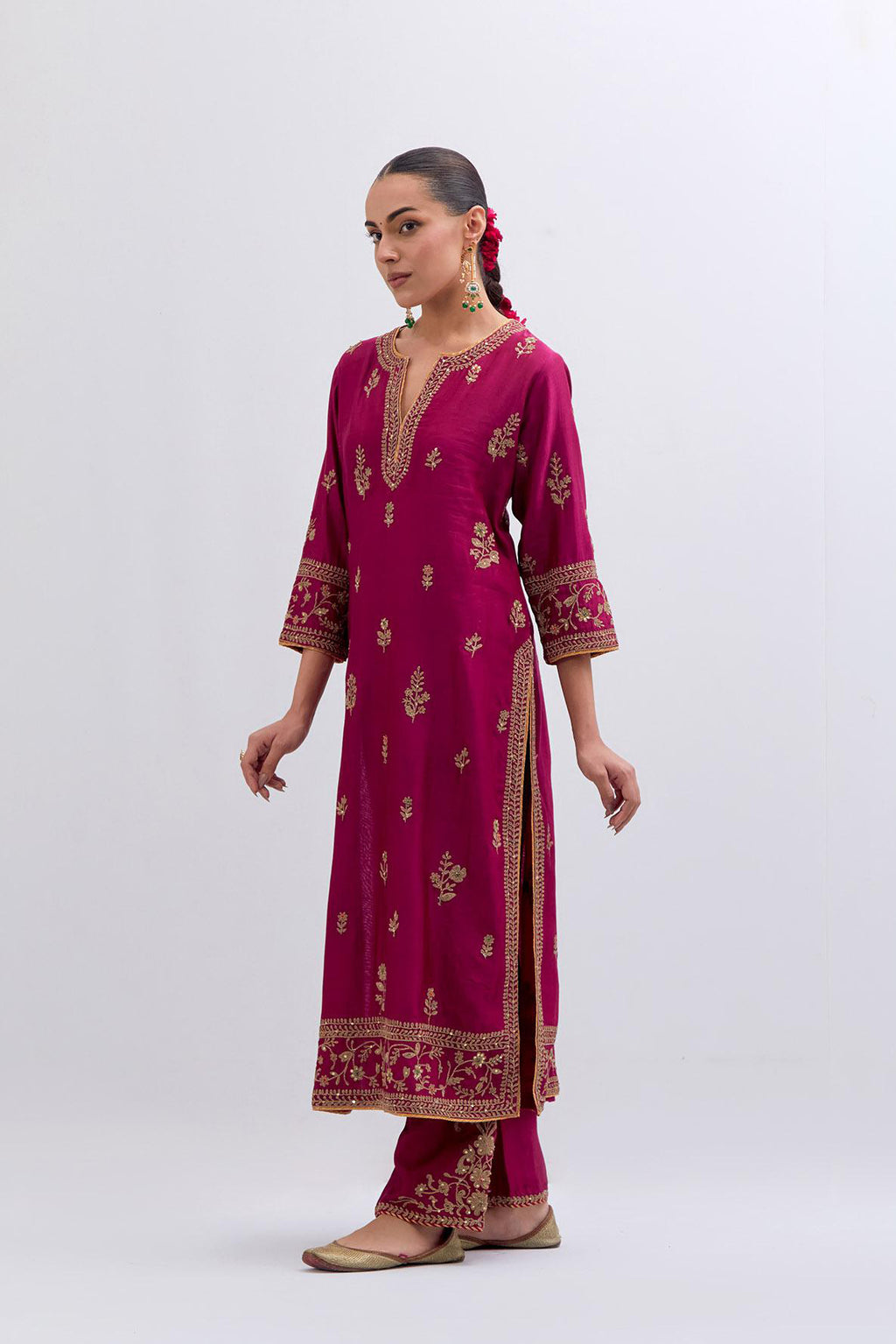 Fuchsia Silk Chanderi straight kurta set with dull gold dori embroidery at front & back neck, sleeves, side slits and hem, highlighted with gold sequins and bead work.