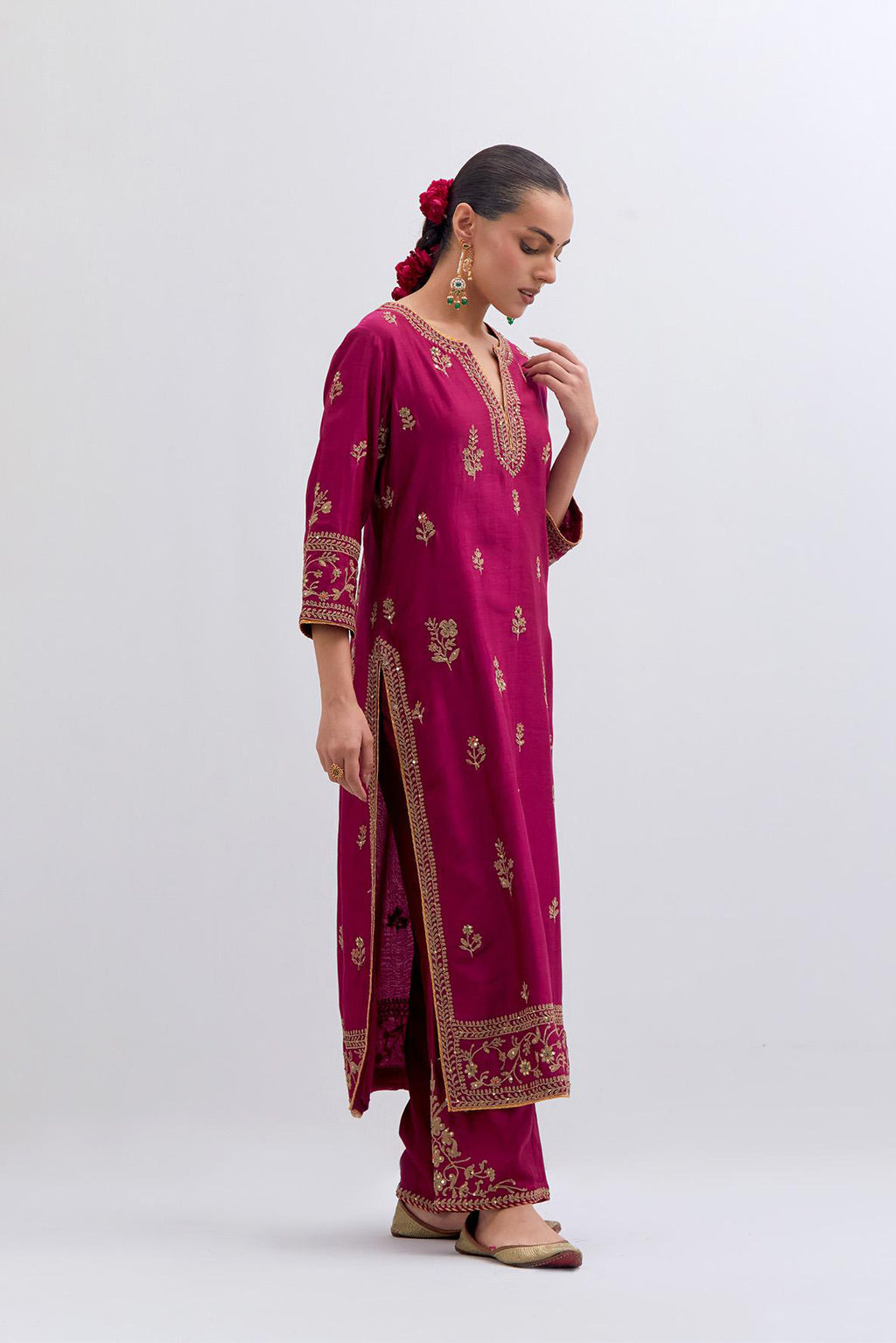 Fuchsia Silk Chanderi straight kurta set with dull gold dori embroidery at front & back neck, sleeves, side slits and hem, highlighted with gold sequins and bead work.