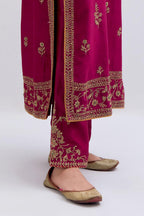 Fuchsia Silk Chanderi straight kurta set with dull gold dori embroidery at front & back neck, sleeves, side slits and hem, highlighted with gold sequins and bead work.