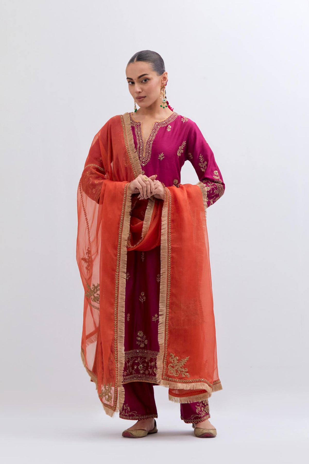 Orange Silk Organza dupatta detailed with all-over dull gold dori embroidery, highlighted with multi colored beads and gold sequins work.