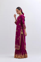 Fuchsia Silk Chanderi straight kurta set with dull gold dori embroidery at front & back neck, sleeves, side slits and hem, highlighted with gold sequins and bead work.