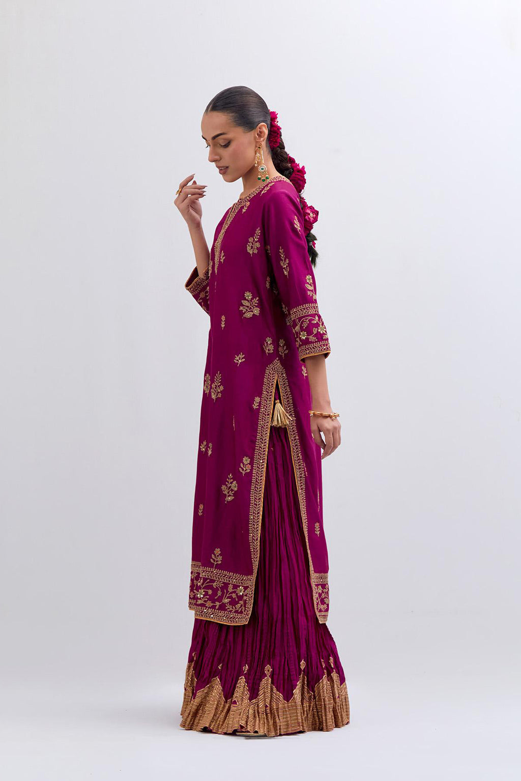 Fuchsia Silk Chanderi straight kurta set with dull gold dori embroidery at front & back neck, sleeves, side slits and hem, highlighted with gold sequins and bead work.