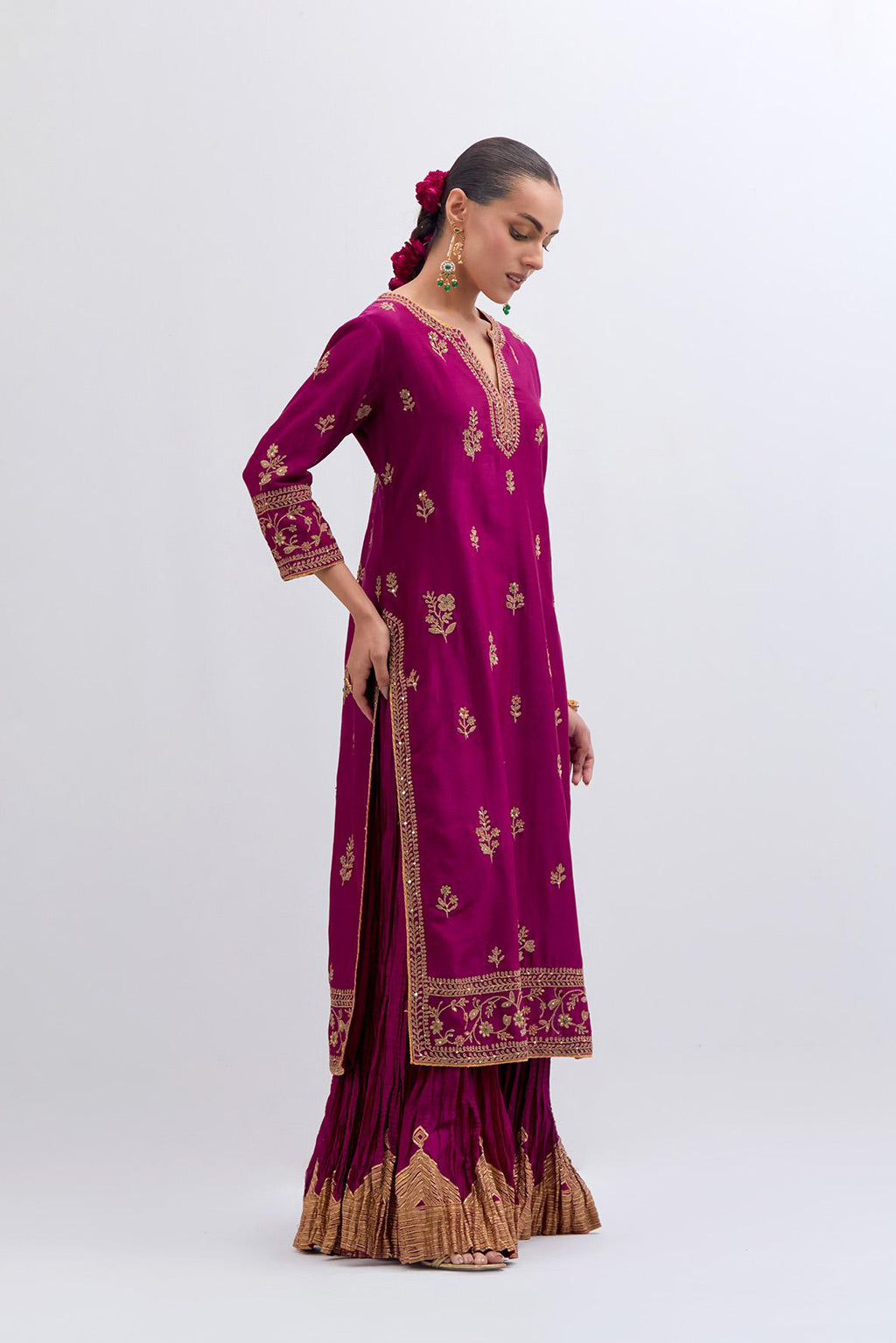 Fuchsia Silk Chanderi straight kurta set with dull gold dori embroidery at front & back neck, sleeves, side slits and hem, highlighted with gold sequins and bead work.