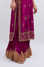 Fuchsia Silk Chanderi straight kurta set with dull gold dori embroidery at front & back neck, sleeves, side slits and hem, highlighted with gold sequins and bead work.