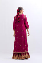 Fuchsia Silk Chanderi straight kurta set with narrow border dull gold dori embroidery at front & back neck, sleeves, side slits and hem, highlighted with gold sequins and bead work.