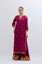 Fuchsia Silk Chanderi straight kurta set with narrow border dull gold dori embroidery at front & back neck, sleeves, side slits and hem, highlighted with gold sequins and bead work.