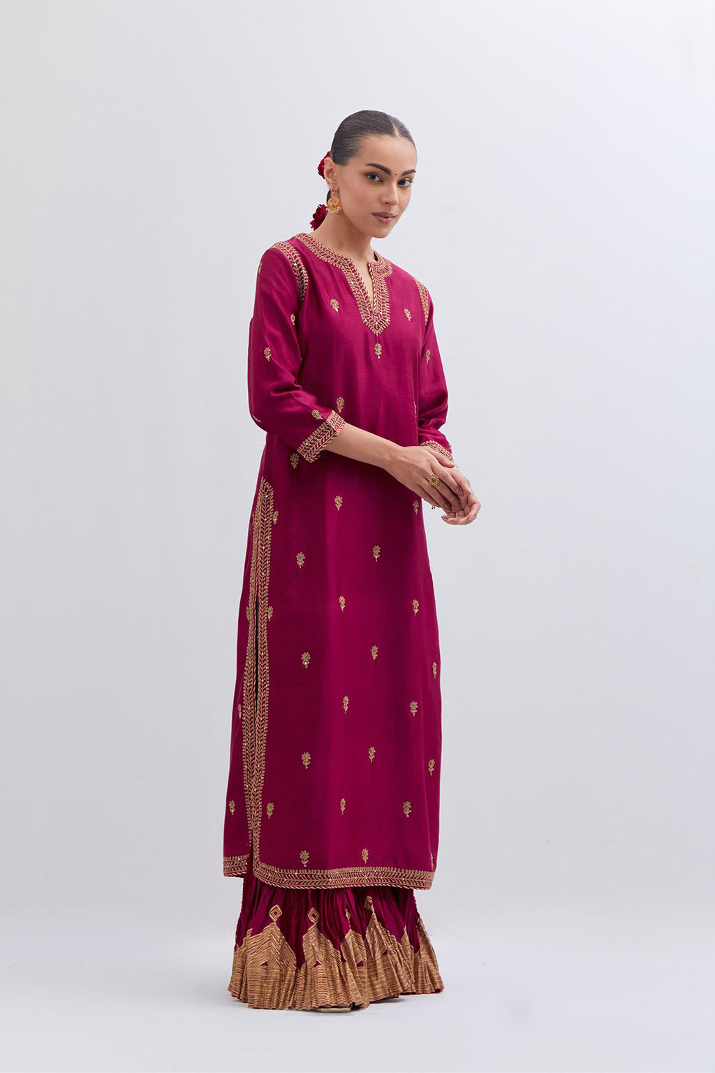 Fuchsia Silk Chanderi straight kurta set with narrow border dull gold dori embroidery at front & back neck, sleeves, side slits and hem, highlighted with gold sequins and bead work.