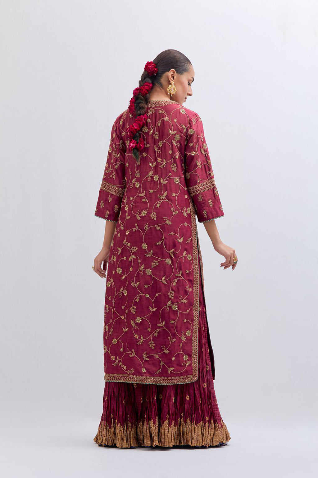 Red Silk chanderi straight kurta set with all-over dull gold dori jaal embroidery, highlighted with gold sequins and bead work.