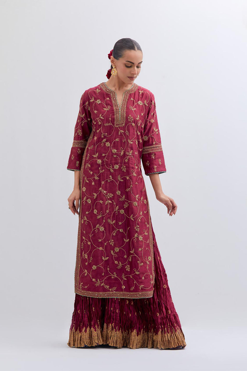 Red Silk chanderi straight kurta set with all-over dull gold dori jaal embroidery, highlighted with gold sequins and bead work.