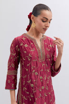 Red Silk chanderi straight kurta set with all-over dull gold dori jaal embroidery, highlighted with gold sequins and bead work.