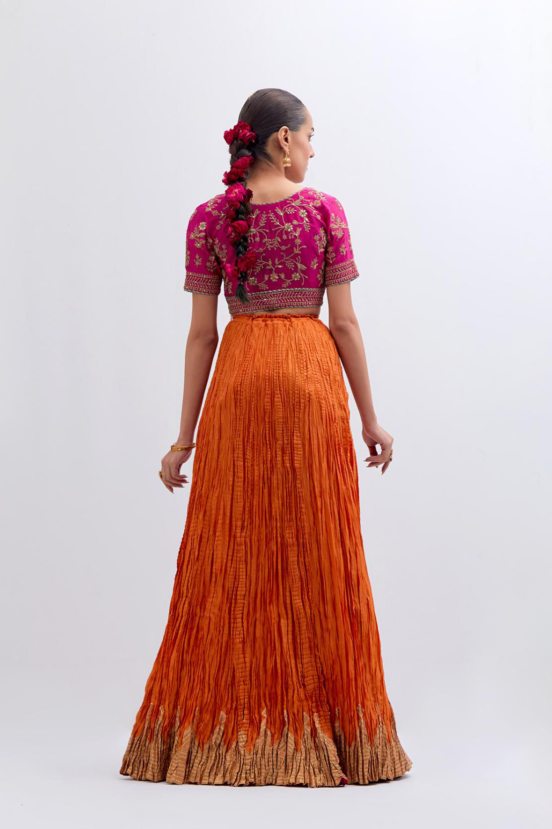 Fuchsia Silk Chanderi Choli set with all-over dull gold dori embroidery, highlighted with multi colored beads and gold sequins work.