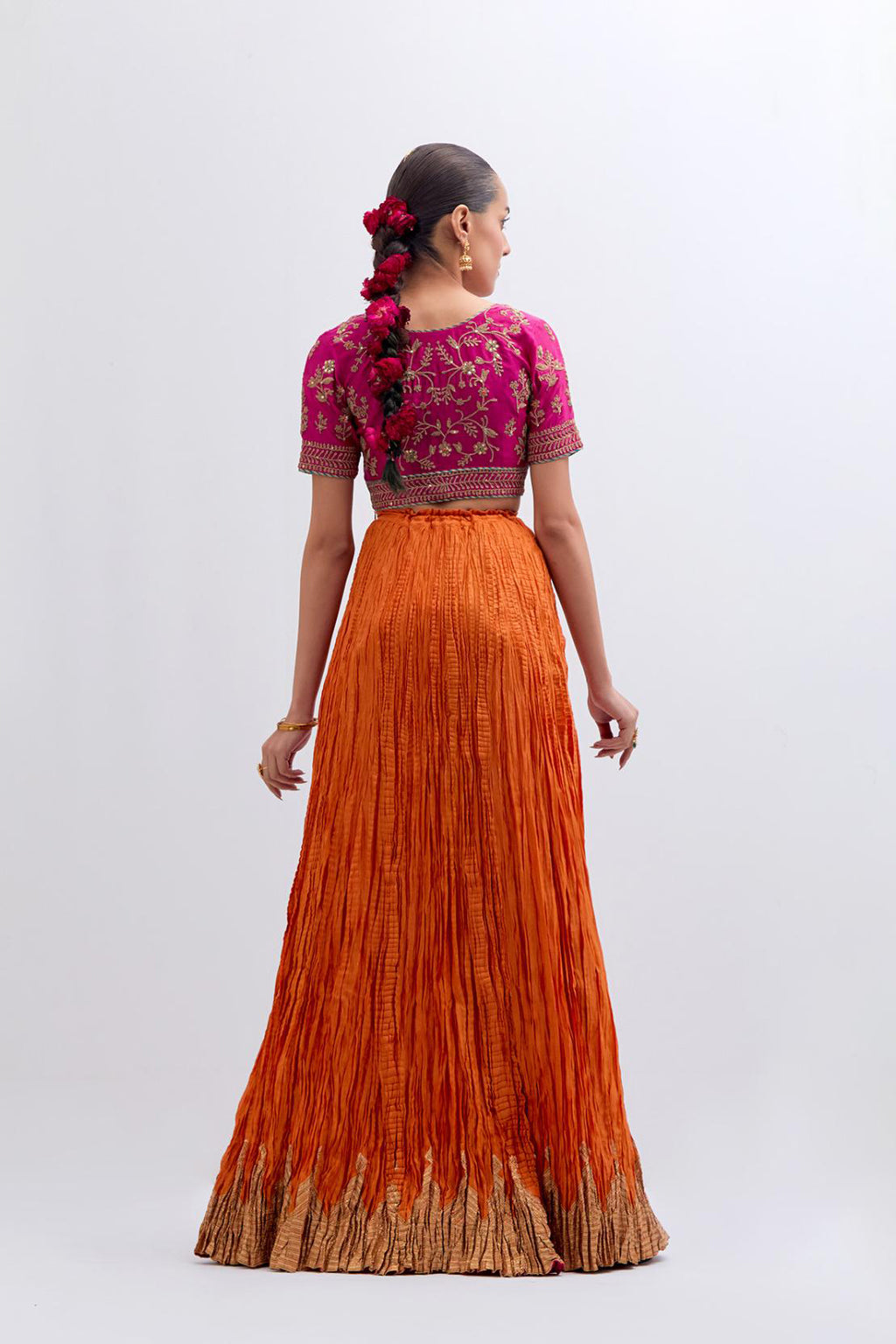 Fuchsia Silk Chanderi Choli set with all-over dull gold dori embroidery, highlighted with multi colored beads and gold sequins work.