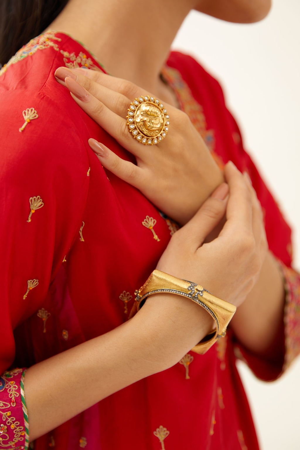Red & fuchsia silk kalidar kurta set with all over dori & silk thread embroidery, highlighted with contrast bead & sequins work.