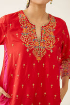 Red & fuchsia silk kalidar kurta set with all over dori & silk thread embroidery, highlighted with contrast bead & sequins work.