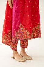 Red & fuchsia silk kalidar kurta set with all over dori & silk thread embroidery, highlighted with contrast bead & sequins work.