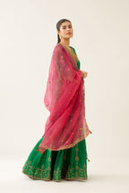 Fuchsia silk organza dupatta with all-over delicate dori & silk thread embroidery, highlighted with bead and sequins work.
